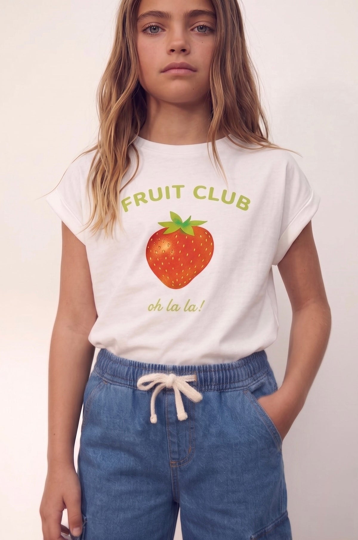 Tricou pentru fete | Fără mâneci, Imprimeu cu căpșuni | 100% bumbac | Vârste 9-15 ani | Bleumarin, Mov, Alb | RG3721 - ALB