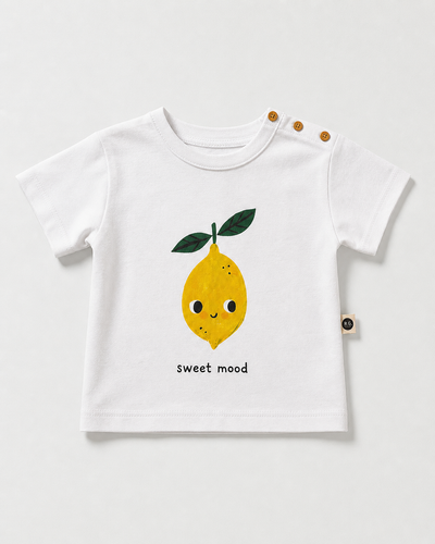 Tricou pentru bebeluși | 6 luni – 3 ani | Alb-gălbui și albastru | Imprimeu cu lămâie | 100% bumbac, vară | RG386 - ALB