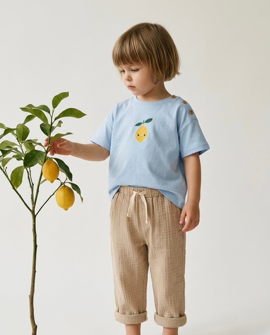 Bebek T-shirt | 6 Ay – 3 Yaş | Ekru & Mavi | Limon Baskı | %100 Pamuk Yazlık | RG386 - MAVİ