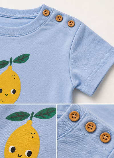 Bebek T-shirt | 6 Ay – 3 Yaş | Ekru & Mavi | Limon Baskı | %100 Pamuk Yazlık | RG386 - MAVİ