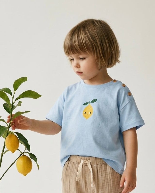 Bebek T-shirt | 6 Ay – 3 Yaş | Ekru & Mavi | Limon Baskı | %100 Pamuk Yazlık | RG386 - MAVİ