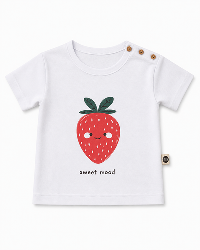 Bebek T-shirt | 6 Ay – 3 Yaş | Ekru | Çilek Baskı | %100 Pamuk Yazlık | RG387 - MAVİ