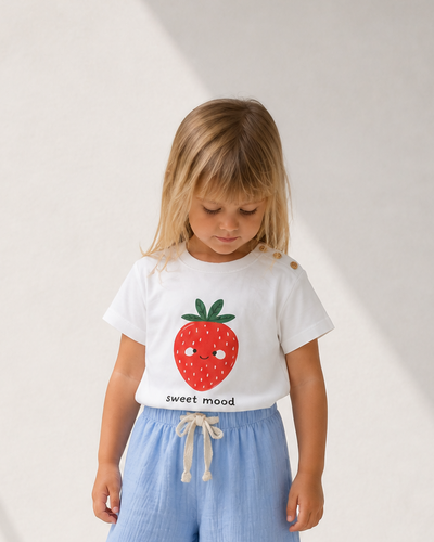 Bebek T-shirt | 6 Ay – 3 Yaş | Ekru | Çilek Baskı | %100 Pamuk Yazlık | RG387 - MAVİ