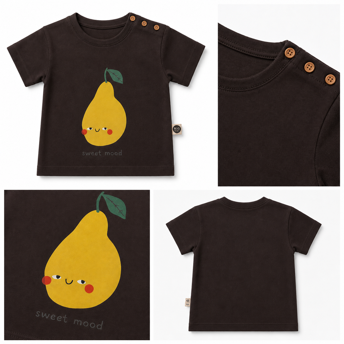 Bebek T-shirt | 6 Ay – 3 Yaş | Ekru & Kahve | Armut Baskı | %100 Pamuk Yazlık | RG388 - BEYAZ