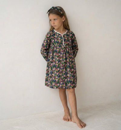 Kız Çocuk Çiçekli Pamuk Elbise ve Fiyonk Toka | 3–9 Yaş | RG Brand | RG1458 - MOR