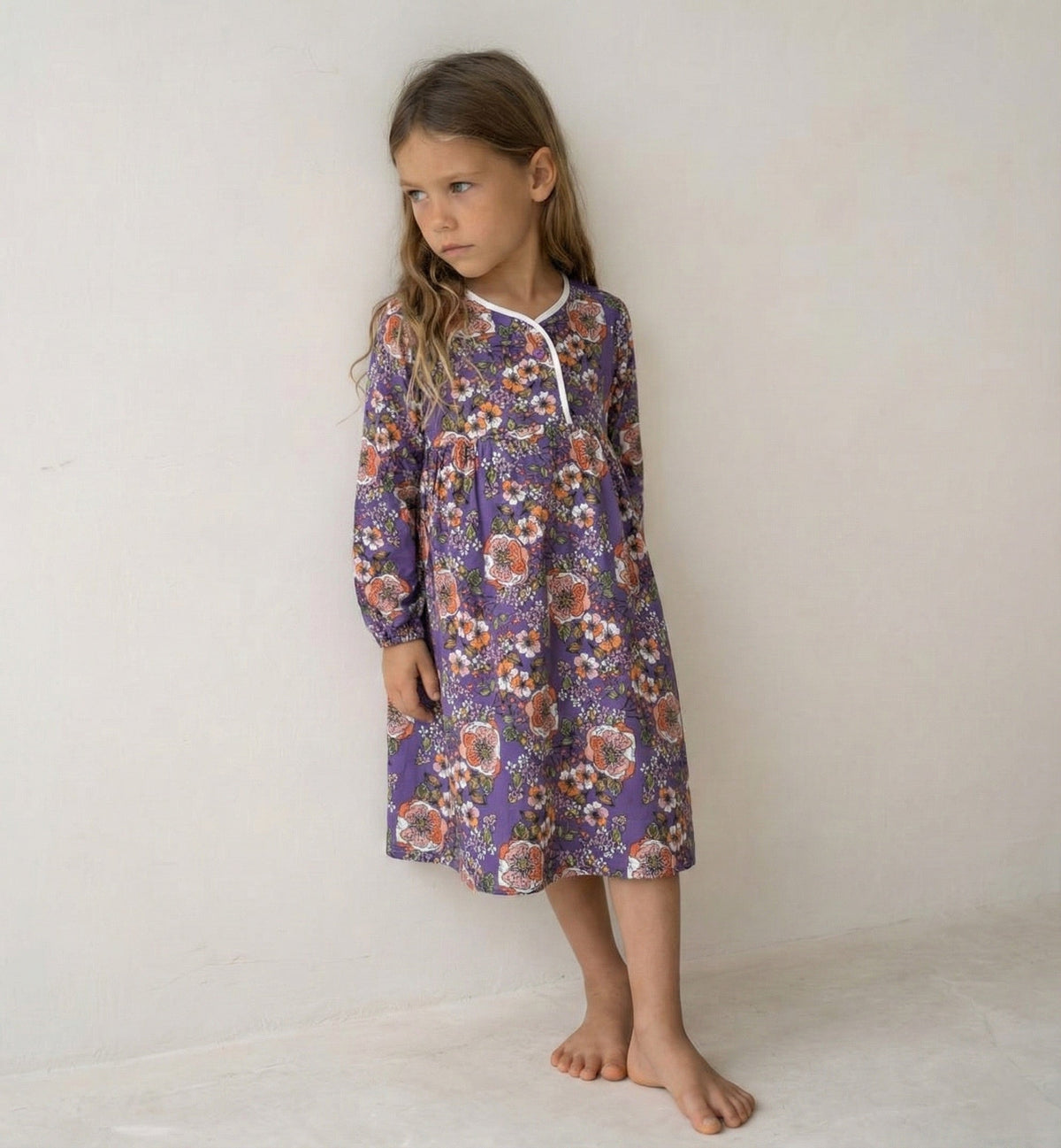 Rochie cu imprimeu floral din bumbac și agrafă de păr cu fundă pentru fete | Vârste 3-9 ani | Marca RG | RG1458 - VIOLET