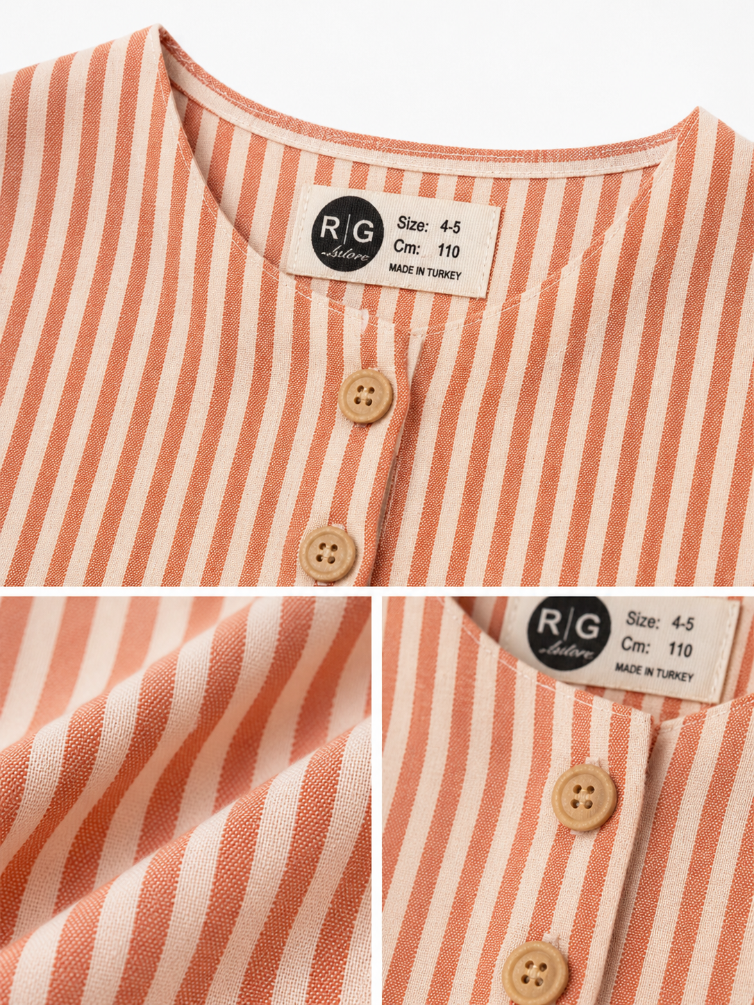 Erkek Çocuk Mao Yaka Gömlek | 3–9 Yaş | Çizgili | %100 Pamuk Uzun Kollu | RG Brand | RG1749 - KİREMİT
