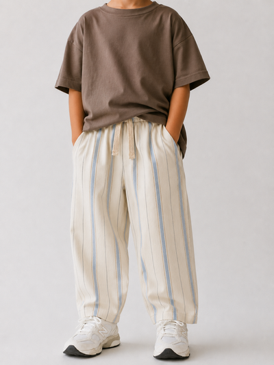 Çocuk Pantolon | 3–9 Yaş | Kız & Erkek | Çizgili | %100 Pamuk Pike | RG Brand | RG1752 - EKRU