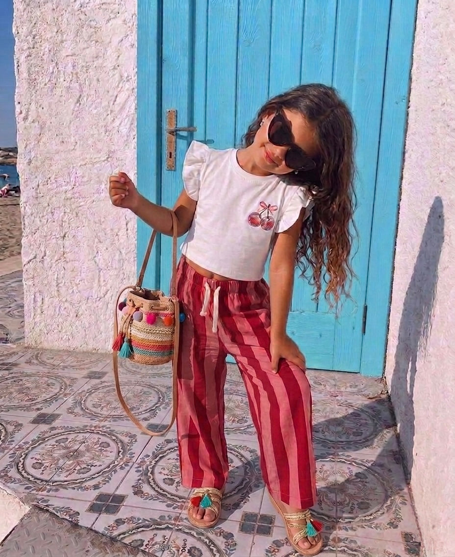 Kız Çocuk Crop Tişört | Kiraz Baskılı, Fırfır Kollu | %100 Pamuk | 3–9 Yaş | RG Brand | RG1755 - BEYAZ