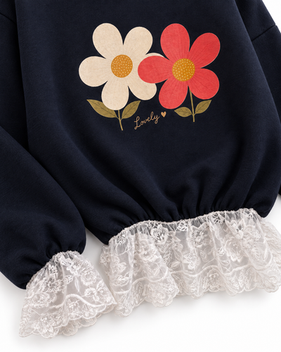 Kız Çocuk Sweatshirt | Papatya Baskılı Dantel Detaylı | 3–9 Yaş | Ekru, Pembe, Lacivert | RG1796 - EKRU