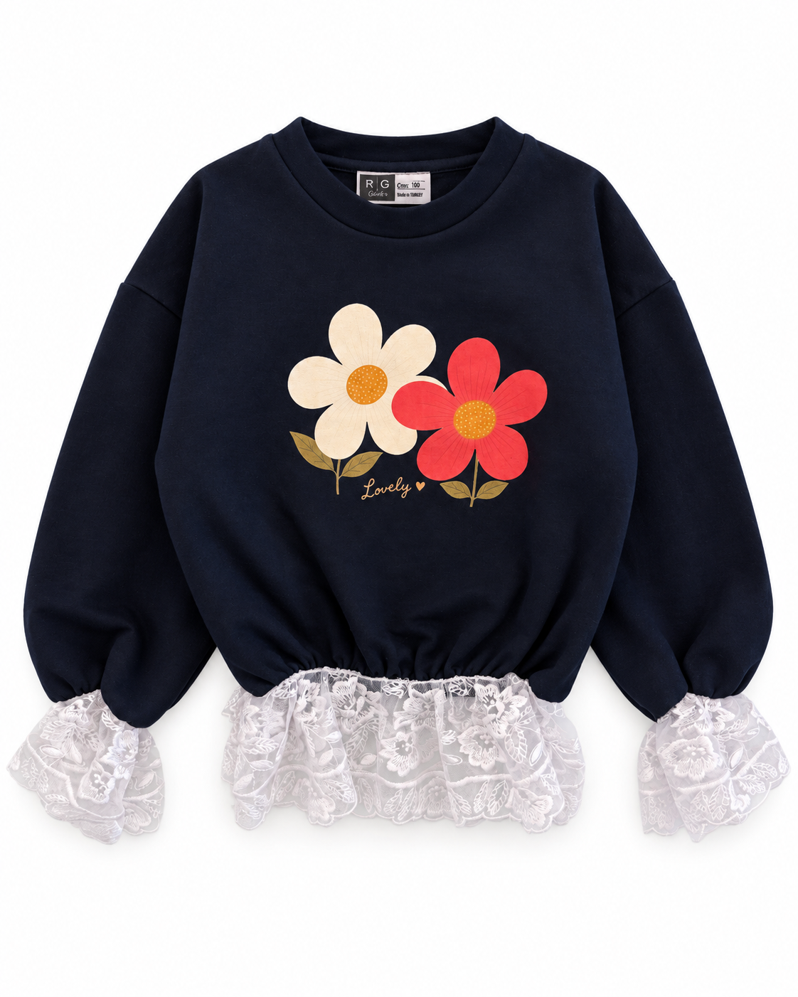 Kız Çocuk Sweatshirt | Papatya Baskılı Dantel Detaylı | 3–9 Yaş | Ekru, Pembe, Lacivert | RG1796 - LACİVERT