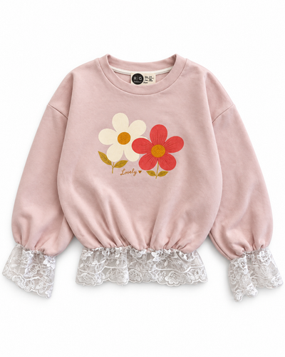 Kız Çocuk Sweatshirt | Papatya Baskılı Dantel Detaylı | 3–9 Yaş | Ekru, Pembe, Lacivert | RG1796 - LACİVERT