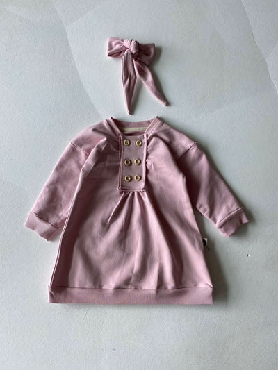 100% Natural Cotton Baby Front Button Pleated Dress & Headband 2-Piece Set | Baby Girl | RG306 - PINK