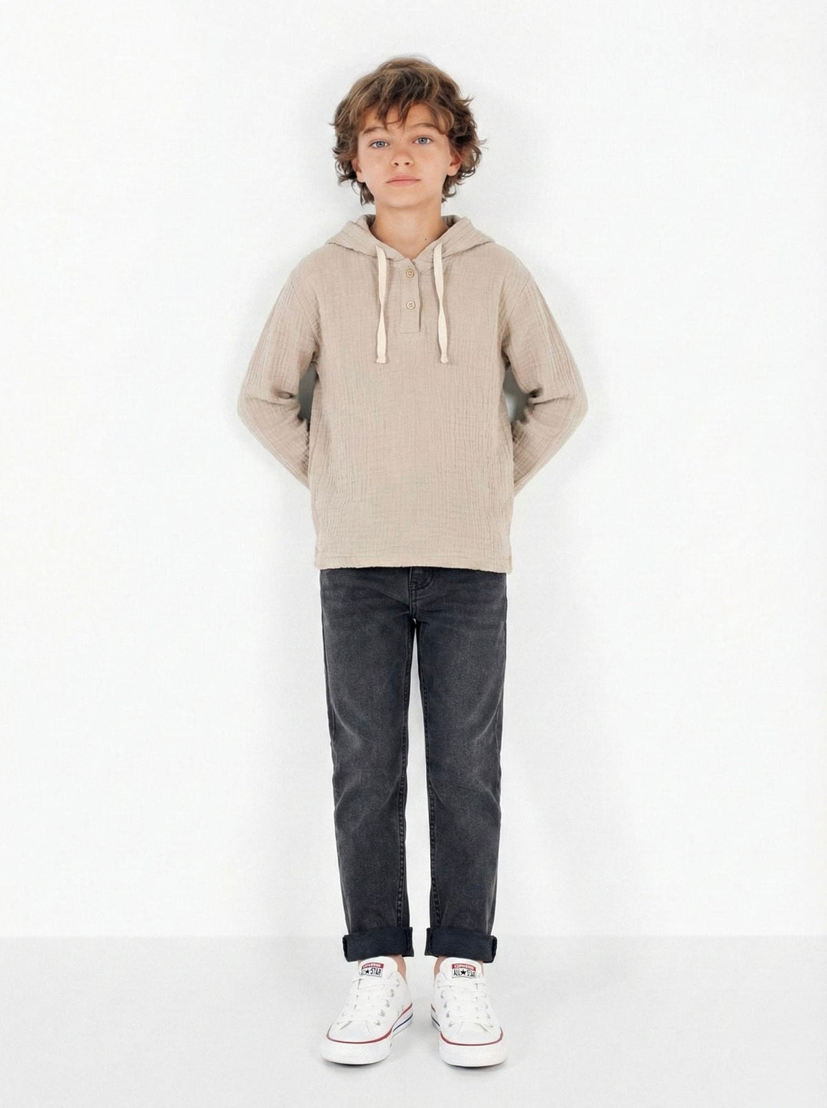 Genç Kız ve Erkek Müslin Kapüşonlu Sweatshirt | 9–15 Yaş | RG Brand | RG3709 - EKRU