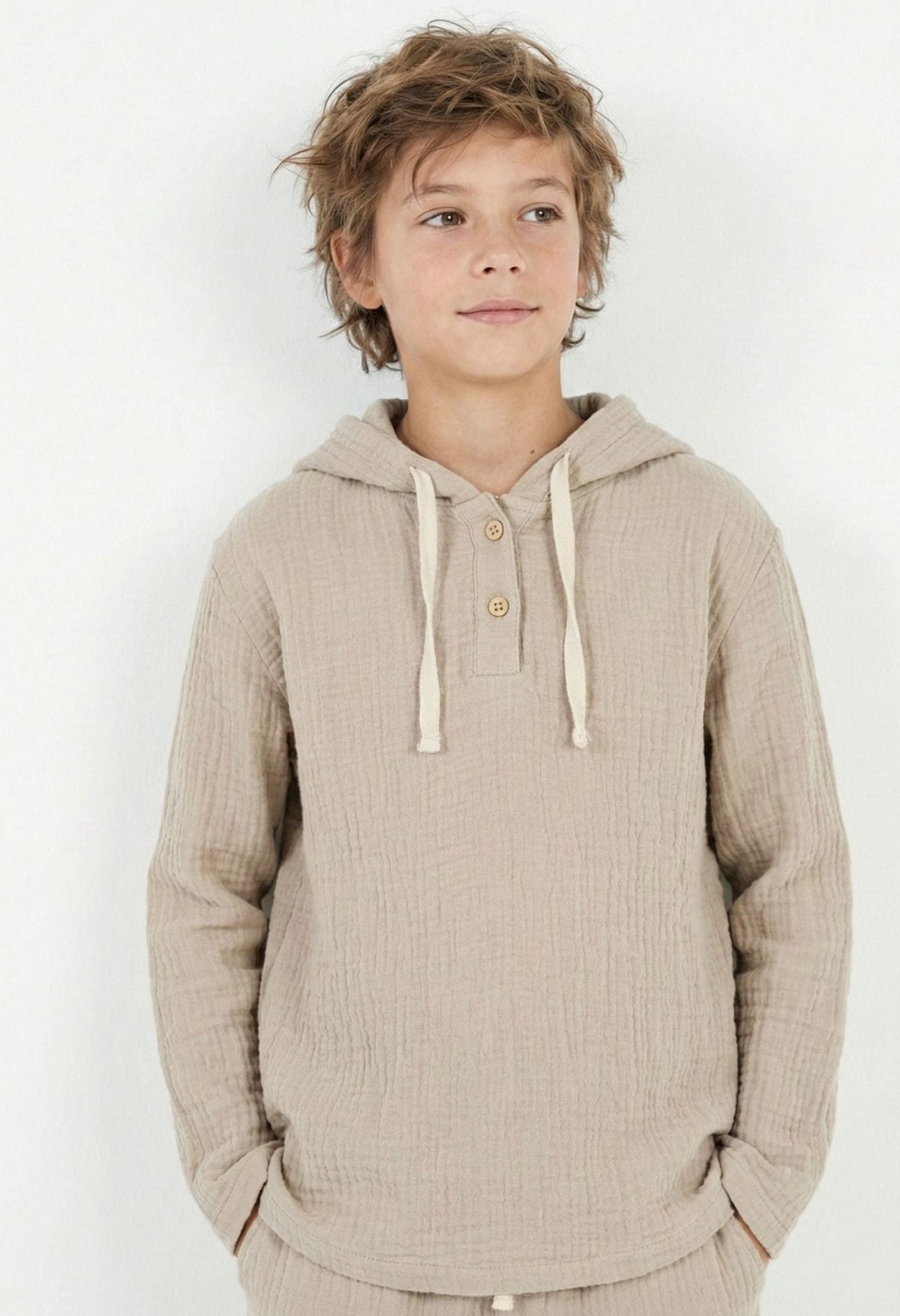 Genç Kız ve Erkek Müslin Kapüşonlu Sweatshirt | 9–15 Yaş | RG Brand | RG3709 - EKRU