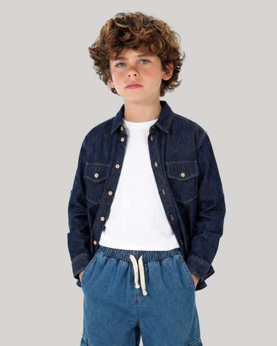 Genç Kot Gömlek | 9–15 Yaş | Mavi, Lacivert | Çift Cepli ve Uzun Kollu | RG Brand | RG3714 - MAVİ