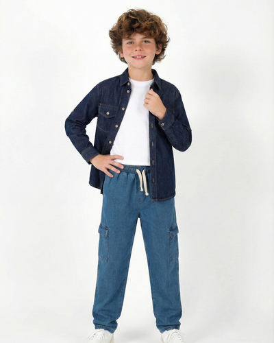 Genç Kot Gömlek | 9–15 Yaş | Mavi, Lacivert | Çift Cepli ve Uzun Kollu | RG Brand | RG3714 - MAVİ