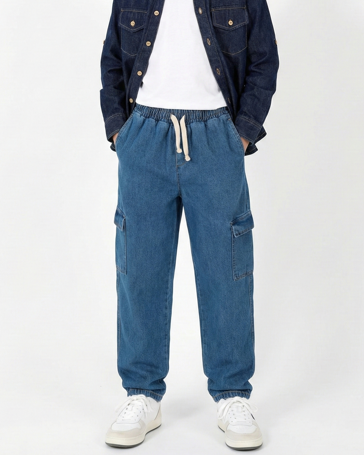 Genç Kot Pantolon | 9–15 Yaş | Mavi, Lacivert | Lastikli Bel, Bağcıklı ve Kargo Cepli | RG Brand | RG3715 - MAVİ