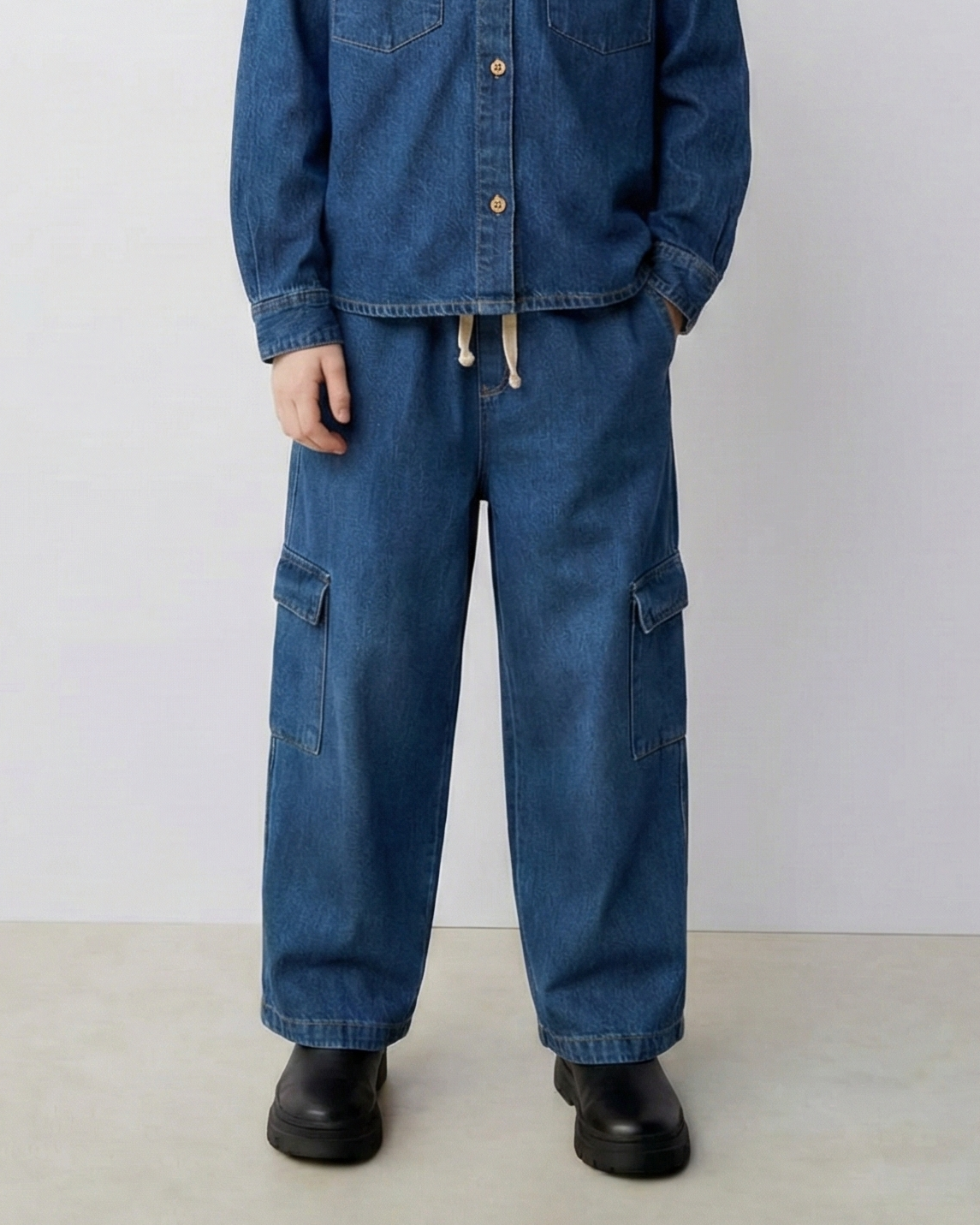 Genç Kot Pantolon | 9–15 Yaş | Mavi, Lacivert | Lastikli Bel, Bağcıklı ve Kargo Cepli | RG Brand | RG3715 - MAVİ