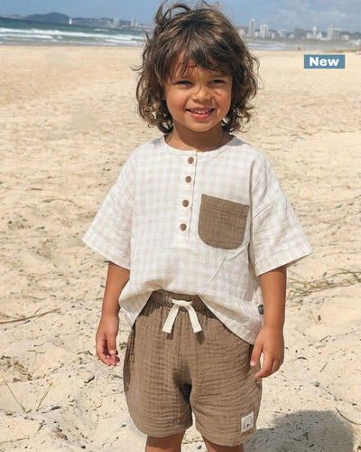 Ținută pentru bebeluși, fete și băieți | Set cămașă și pantaloni scurți | 6 luni - 4 ani | Gingham bej și albastru | RG381 - BEJ
