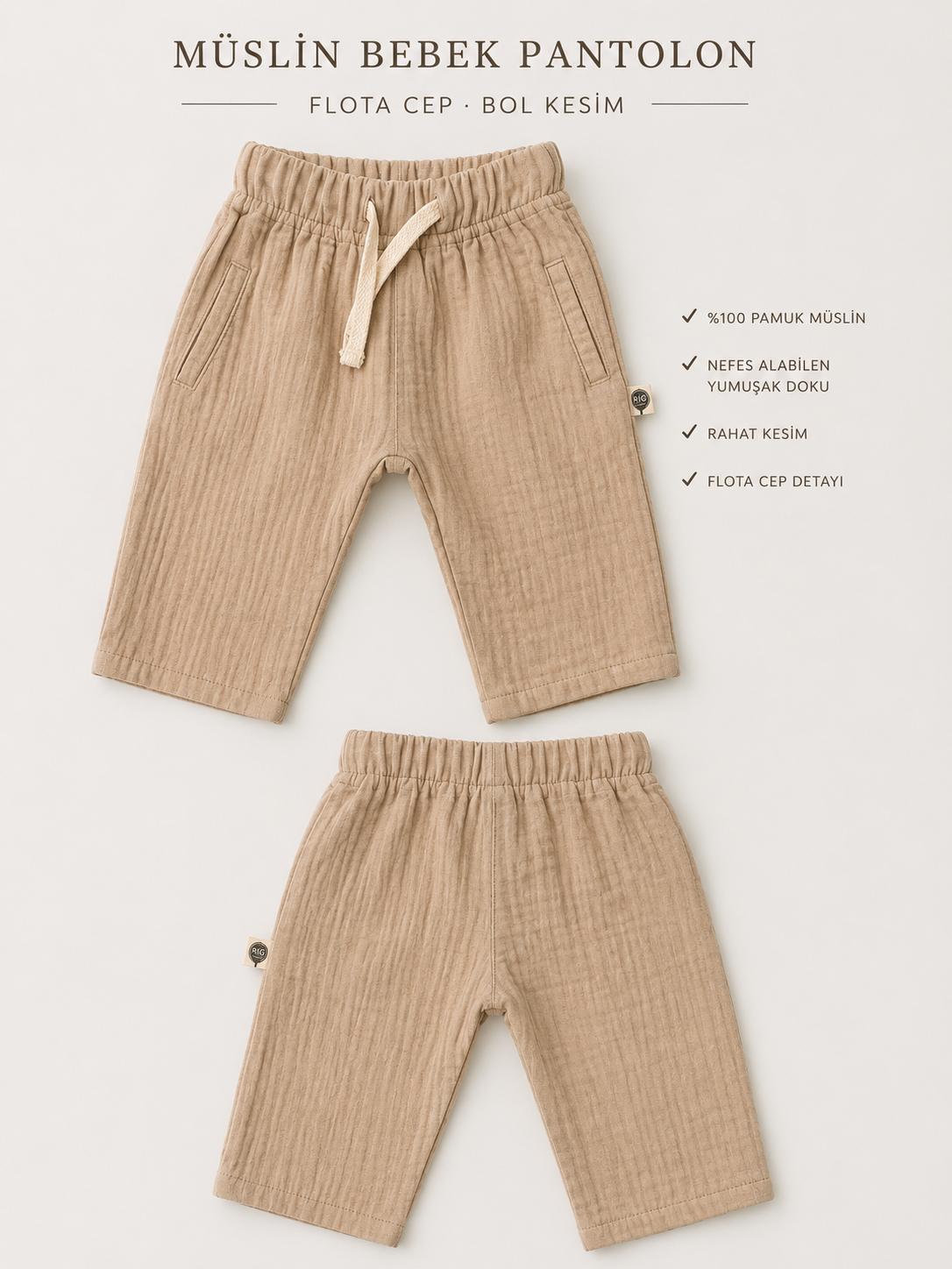 Bebek Balon Pantolon | Çift Cepli, Müslin | 6 Ay–4 Yaş | Kız & Erkek | RG Brand | RG394 - TAŞ