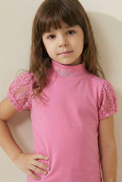 Tülü Kollu Yarım Yaka Çocuk Tişört | 4–12 Yaş | RG Brand | RG453 - PEMBE