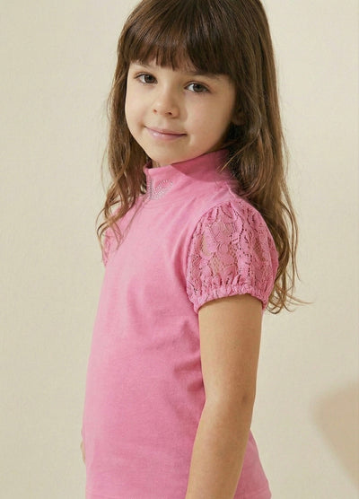 Tülü Kollu Yarım Yaka Çocuk Tişört | 4–12 Yaş | RG Brand | RG453 - PEMBE