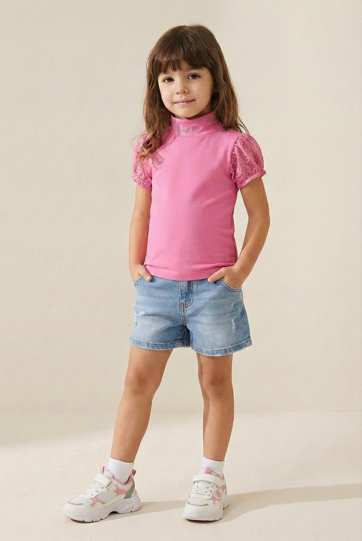 Tülü Kollu Yarım Yaka Çocuk Tişört | 4–12 Yaş | RG Brand | RG453 - PEMBE