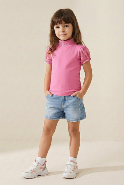 Tülü Kollu Yarım Yaka Çocuk Tişört | 4–12 Yaş | RG Brand | RG453 - KREM