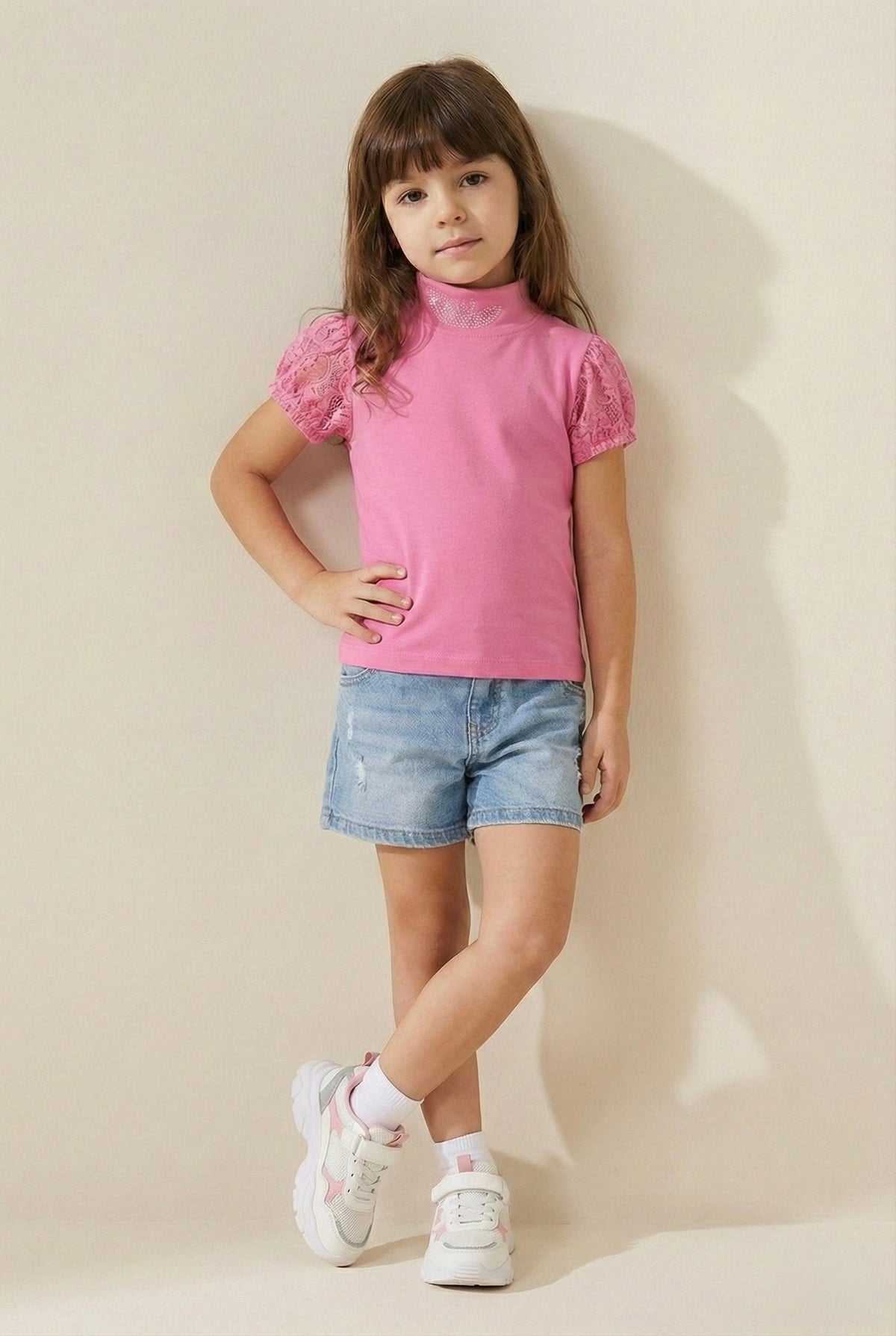 Tülü Kollu Yarım Yaka Çocuk Tişört | 4–12 Yaş | RG Brand | RG453 - KREM
