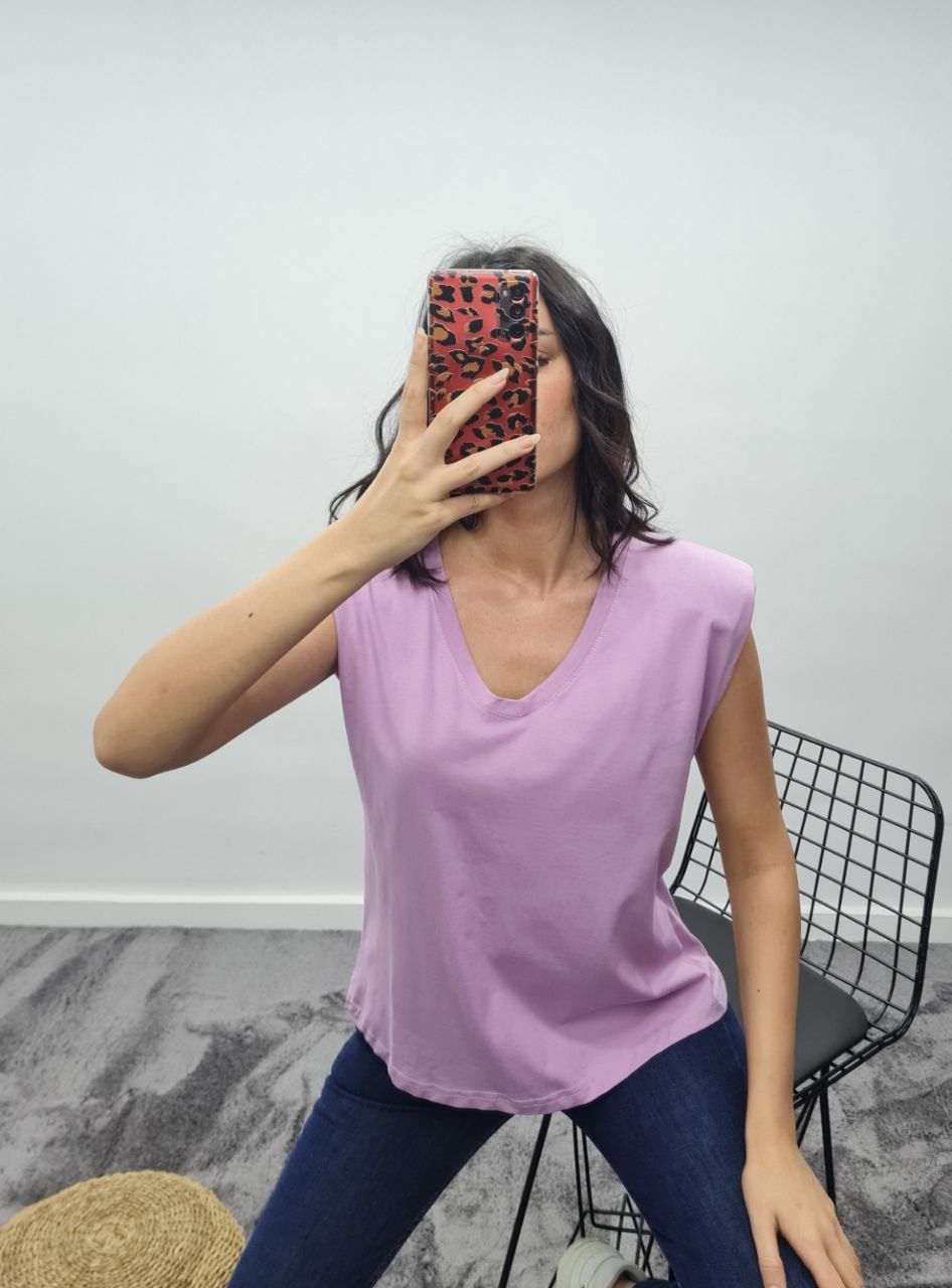 Vatkalı V Yaka T-Shirt - Lila