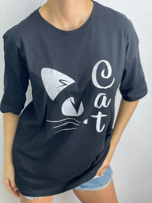 Tricou cu pisică - Negru