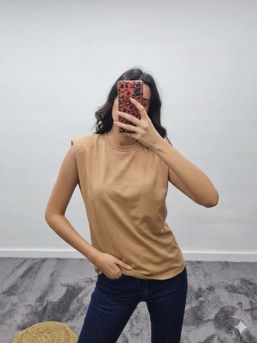 Vatkalı Bisiklet Yaka T-Shirt - Bej
