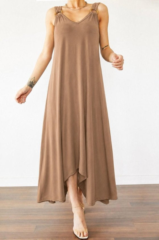 Rochie Maxi Femei cu Bretele, Decolteu în V, Detaliu Inel și Croi Asimetric, din Viscoză, 37015