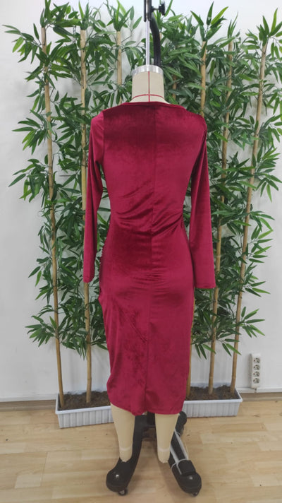 Rochie din velur midi cu guler încrucișat, mâneci lungi și fronseu la talie, pentru femei, 27721