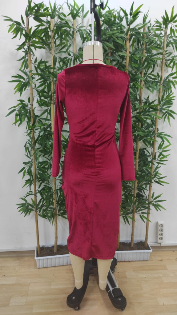 Rochie din velur midi cu guler încrucișat, mâneci lungi și fronseu la talie, pentru femei, 27721