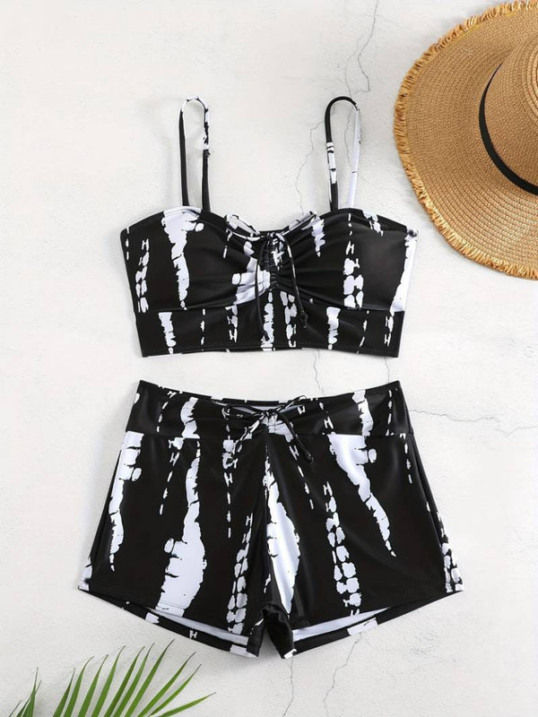 Set de două piese pentru femei, colanți mini crop cu detalii încrețite și bretele, 25682