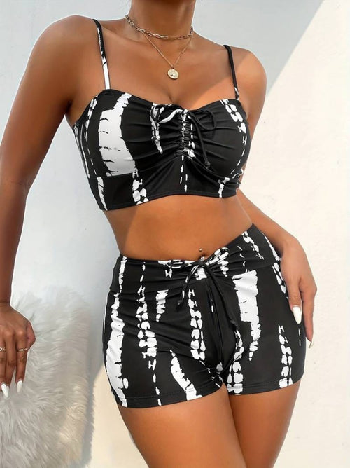 Set de două piese pentru femei, colanți mini crop cu detalii încrețite și bretele, 25682
