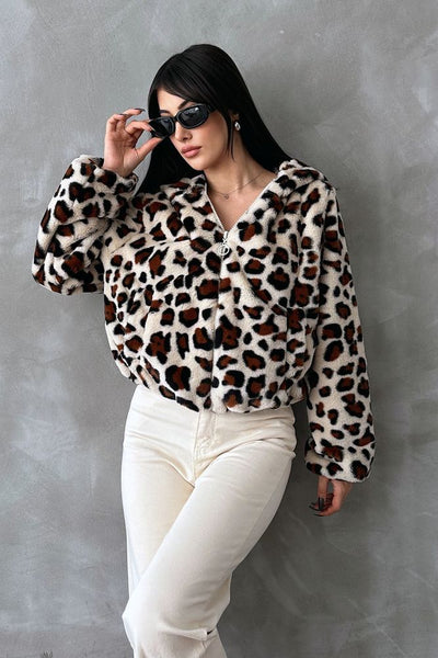 Printed Plush Wholesale Coat - Light Stone Leopard