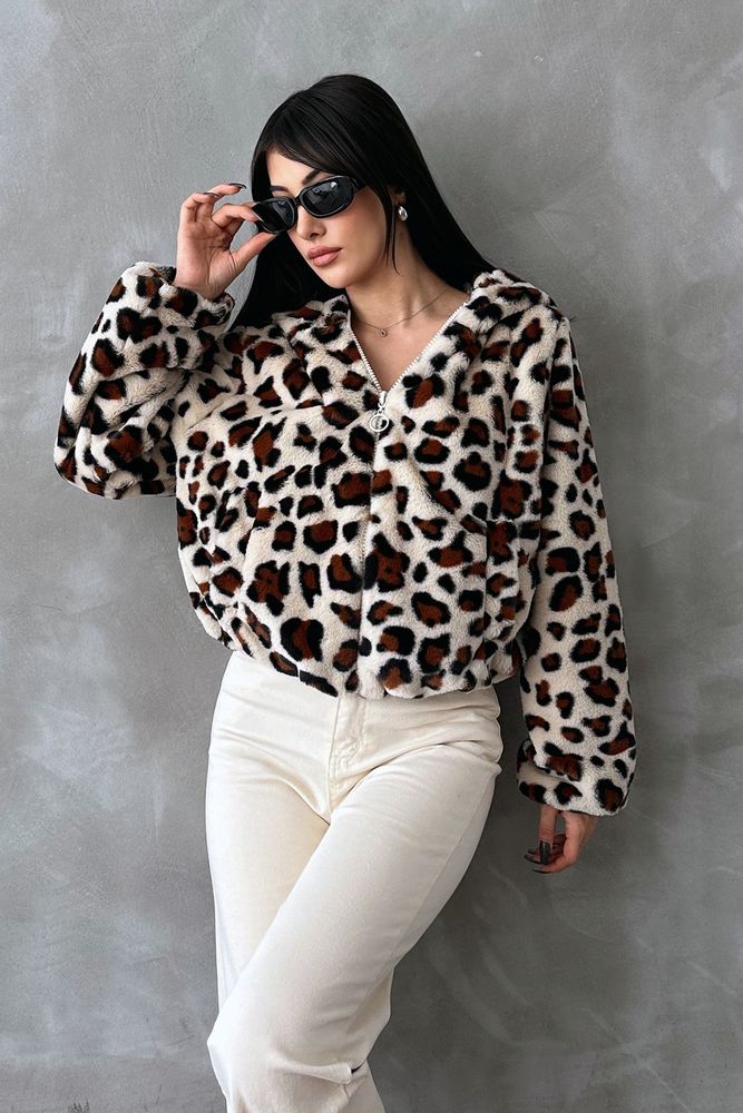Printed Plush Wholesale Coat - Light Stone Leopard