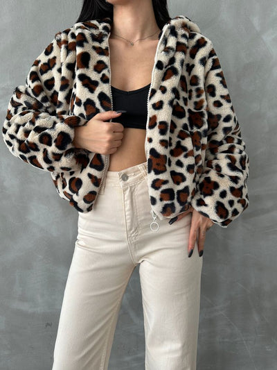 Printed Plush Wholesale Coat - Light Stone Leopard