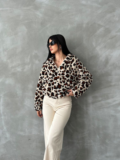 Printed Plush Wholesale Coat - Light Stone Leopard