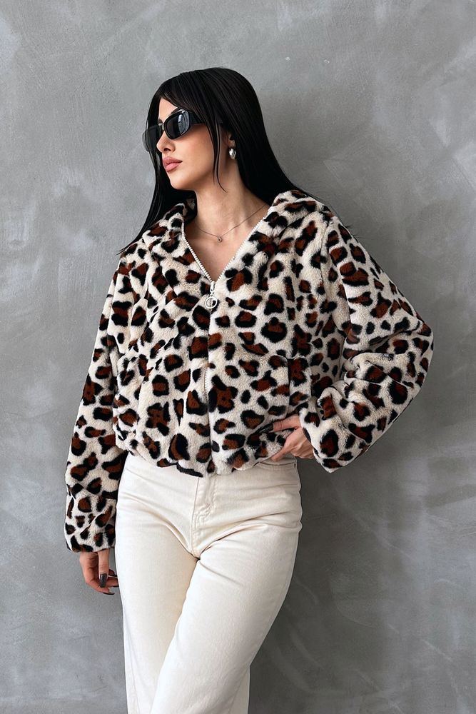 Printed Plush Wholesale Coat - Light Stone Leopard
