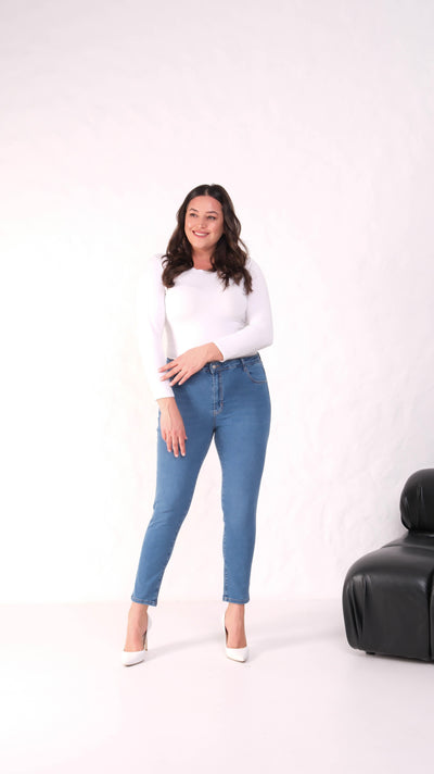 Yüksek Bel Battal Kesim Dar Paça Blue Jean Pantolon