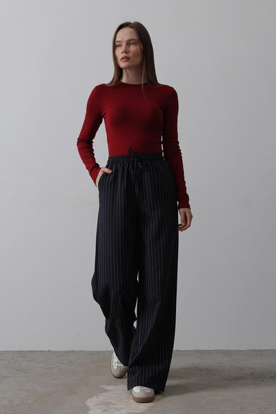 Pantaloni cu Talie Elastică Picior Larg - Bleumarin-Alb