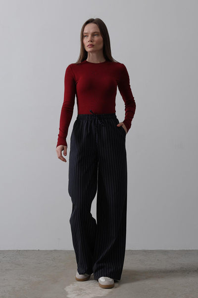 Pantaloni cu Talie Elastică Picior Larg - Bleumarin-Alb