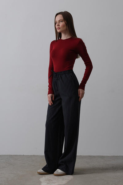 Pantaloni cu Talie Elastică Picior Larg - Bleumarin-Alb