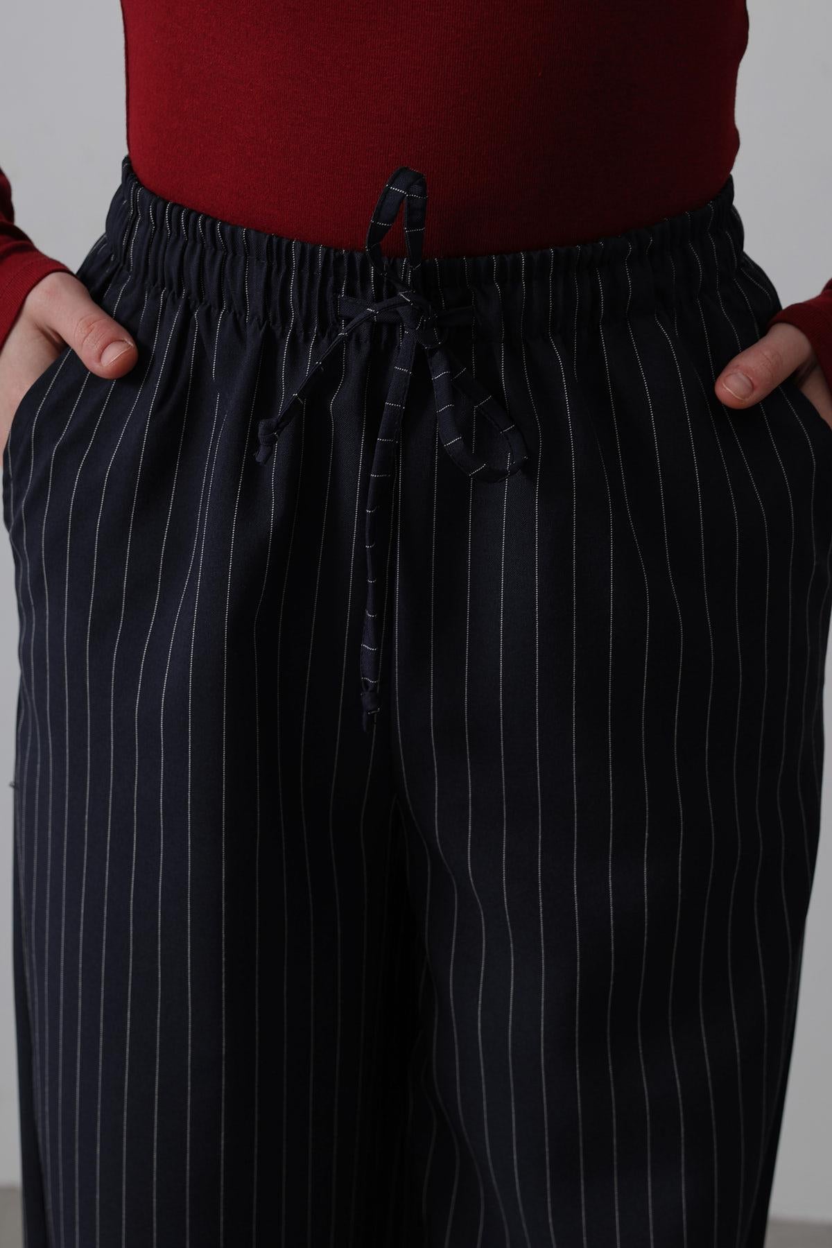 Pantaloni cu Talie Elastică Picior Larg - Bleumarin-Alb