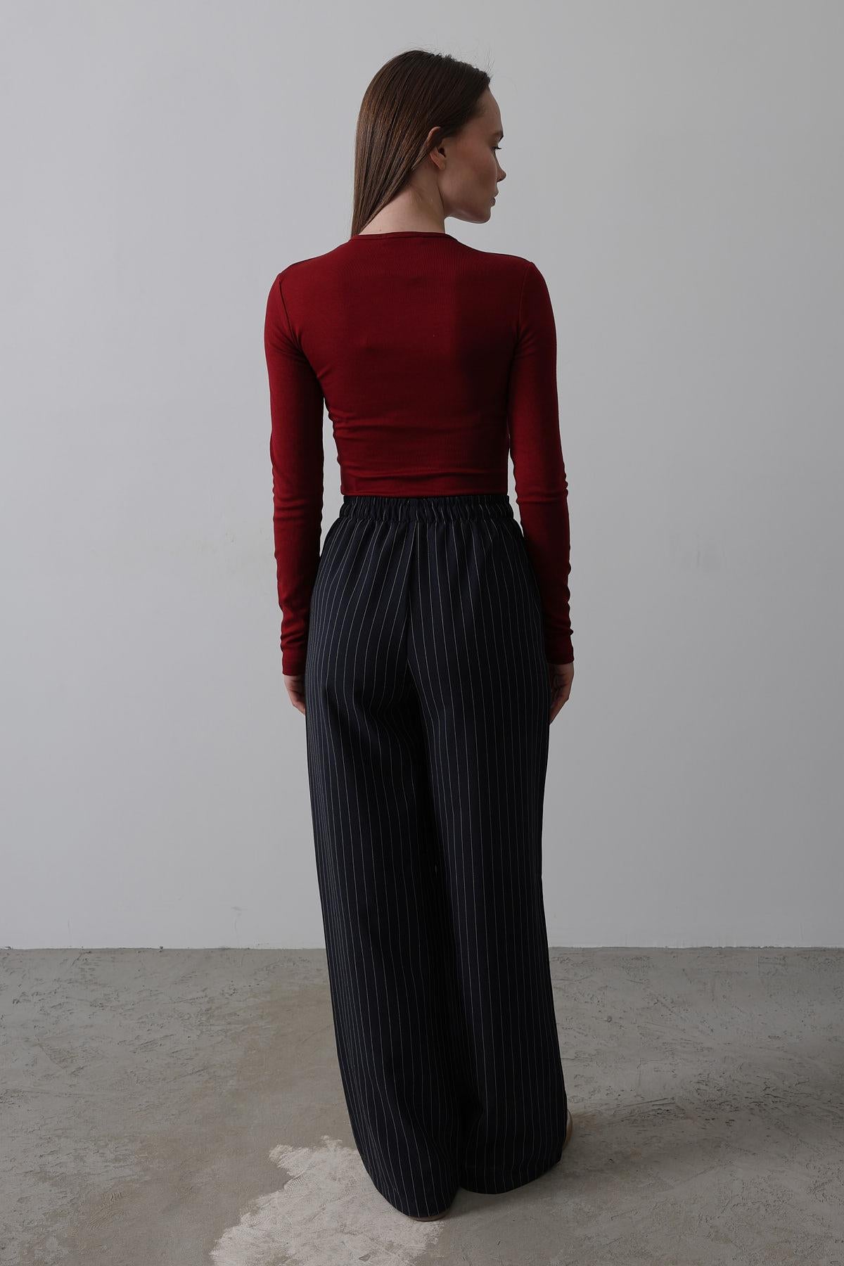 Pantaloni cu Talie Elastică Picior Larg - Bleumarin-Alb