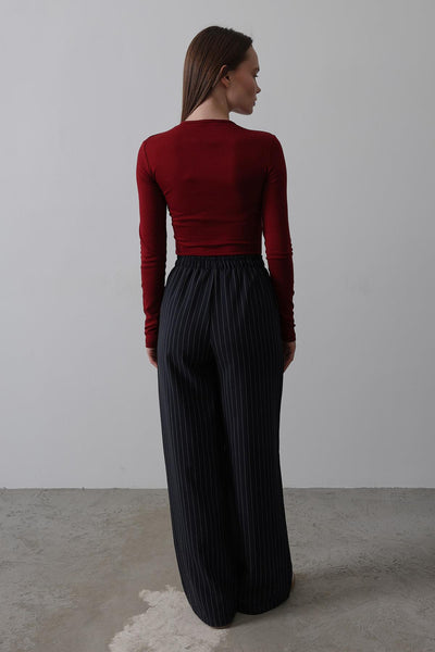 Pantaloni cu Talie Elastică Picior Larg - Bleumarin-Alb
